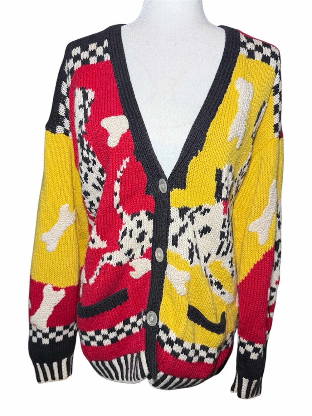 Vintage Raphels Dalmatian Dog Hand Knit Cardigan Sweater Size M